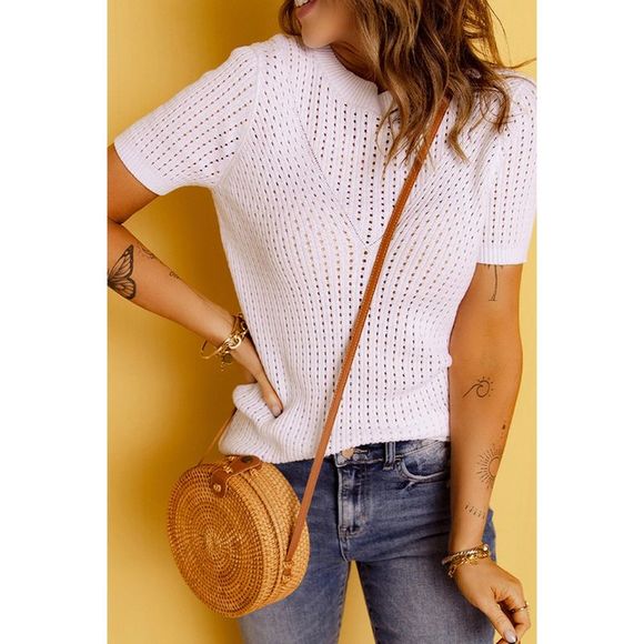 Azura Exchange White Hollow-out Knitted Short Sleeve T Shirt - Picture 3 of 14